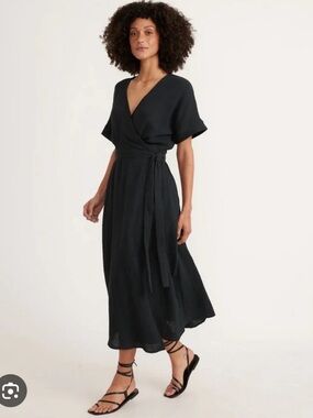 Marine Layer Valencia Gauzy Wrap Dress Black Pockets Short Sleeve Euro Summer